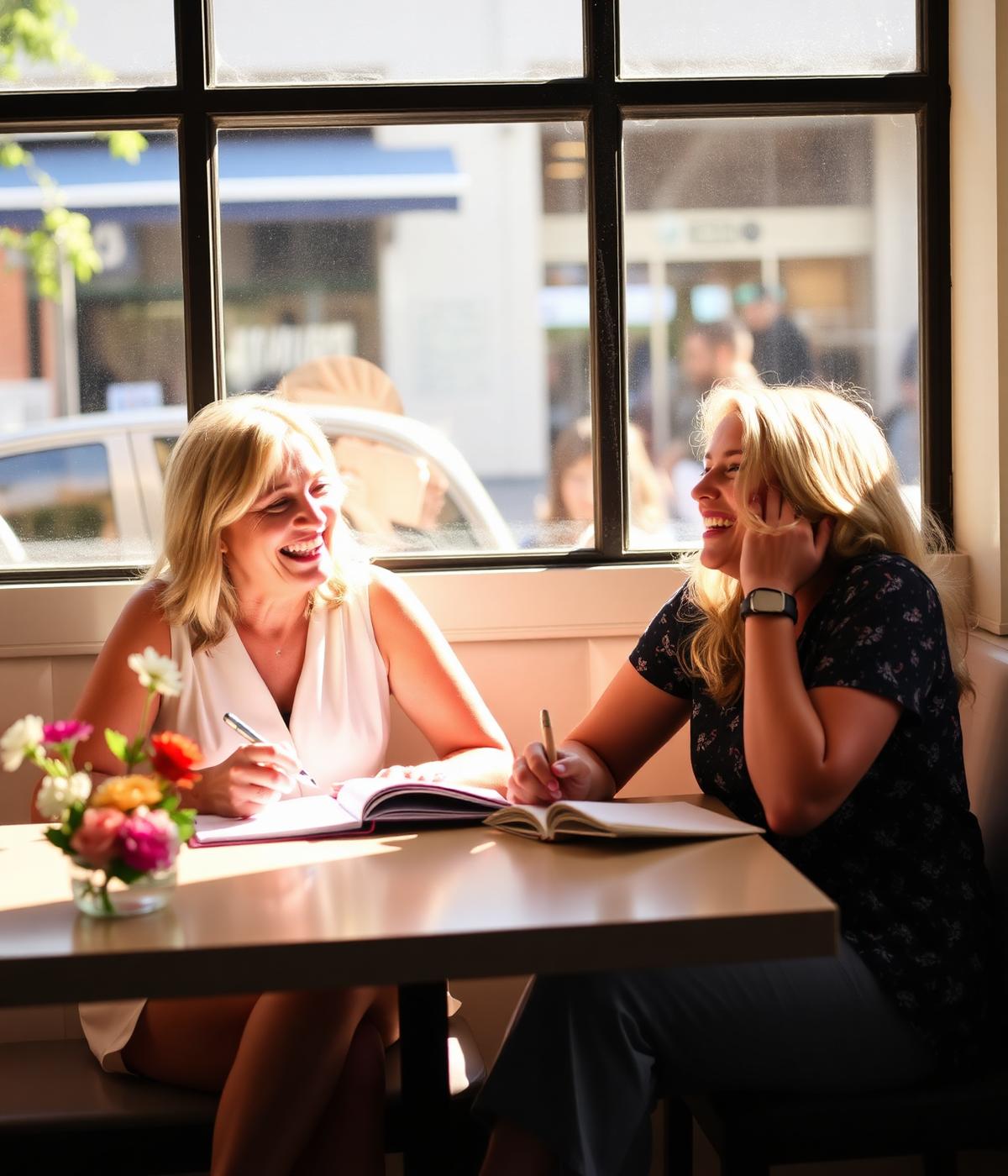 Two women journaling and laughing together at a sunlit cafe